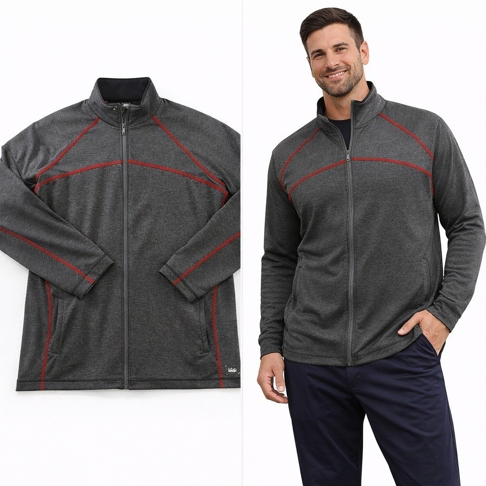 REI Co-op Mens XL‎ Full Zip Jacket Gray Heather Red Contrast Stitch Performance